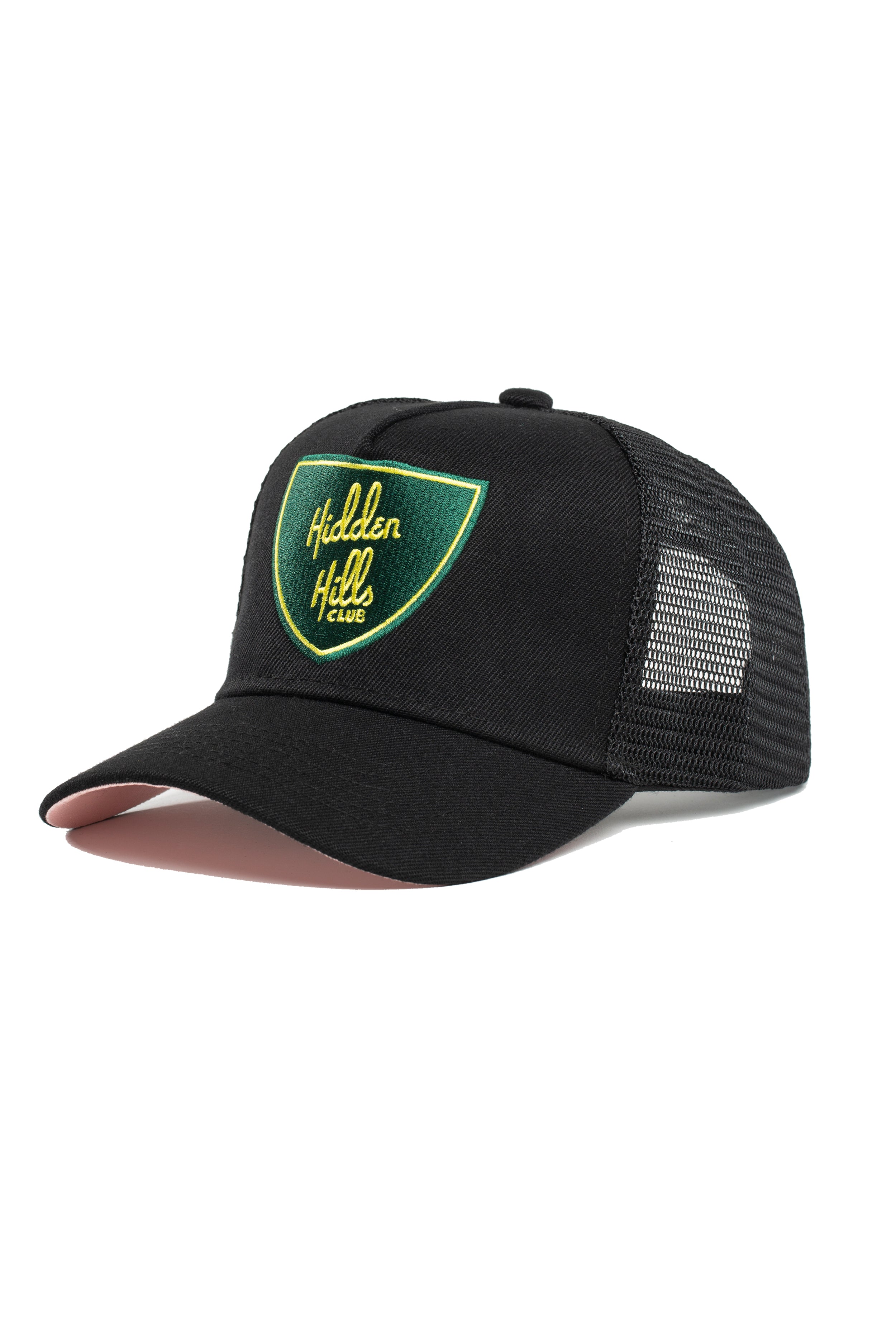 Black - Green Shield Trucker Hat - Pink Brim