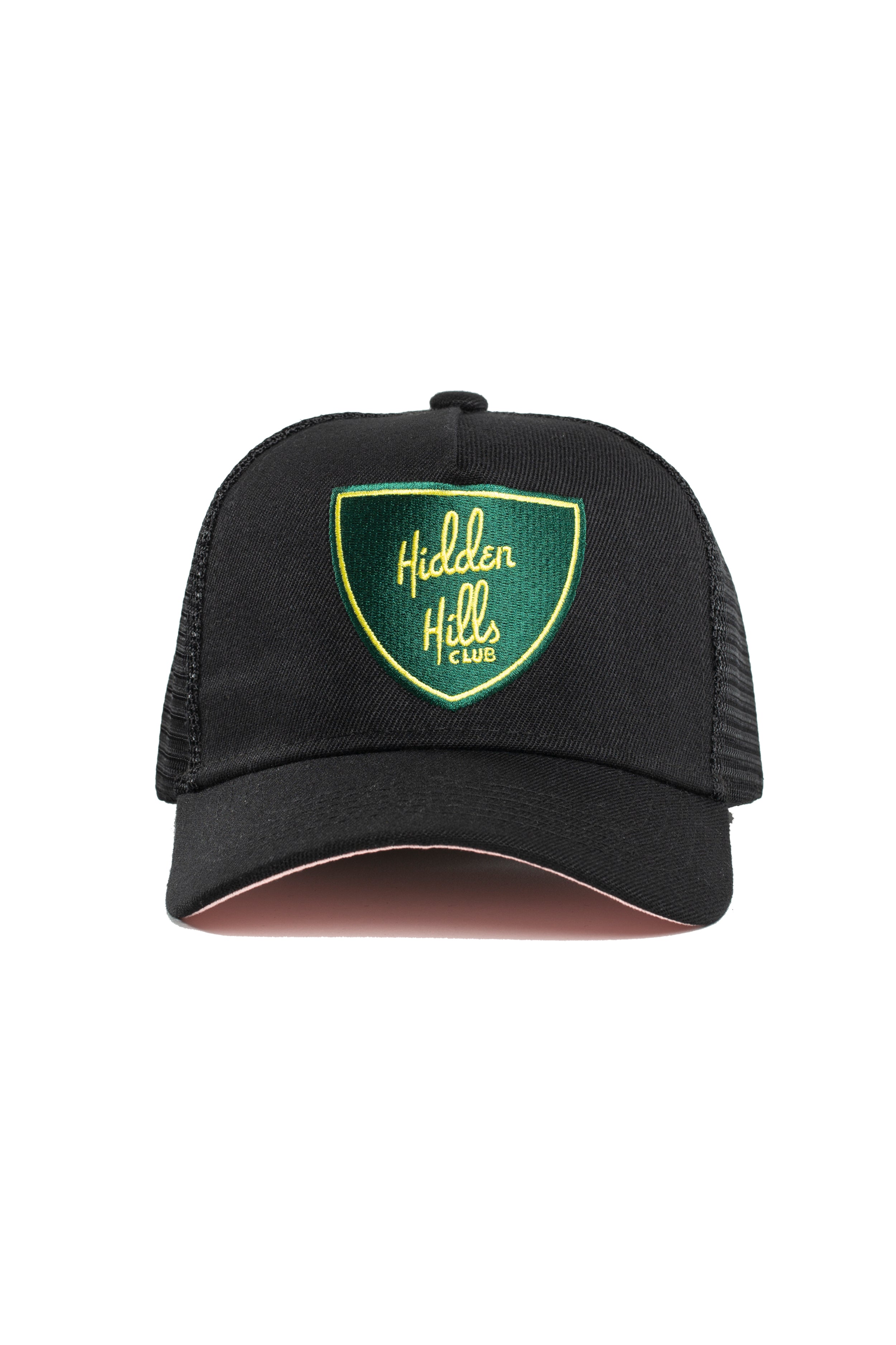 Black - Green Shield Trucker Hat - Pink Brim