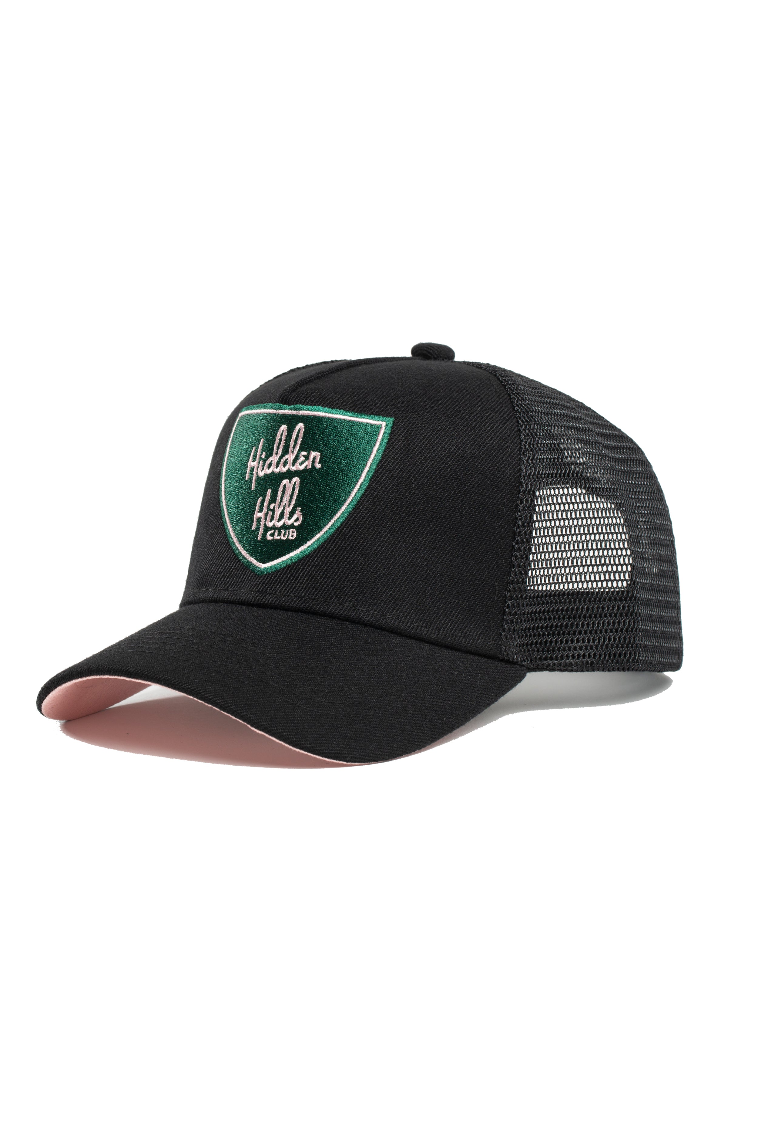HiddenHills Black - Pink Shield Trucker Hat - Pink Brim
